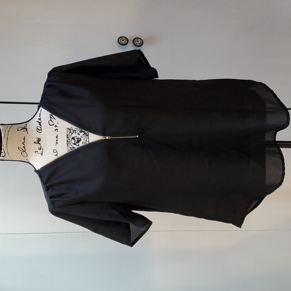 Black semi sheer blouse Top silver zipper Sz.XL